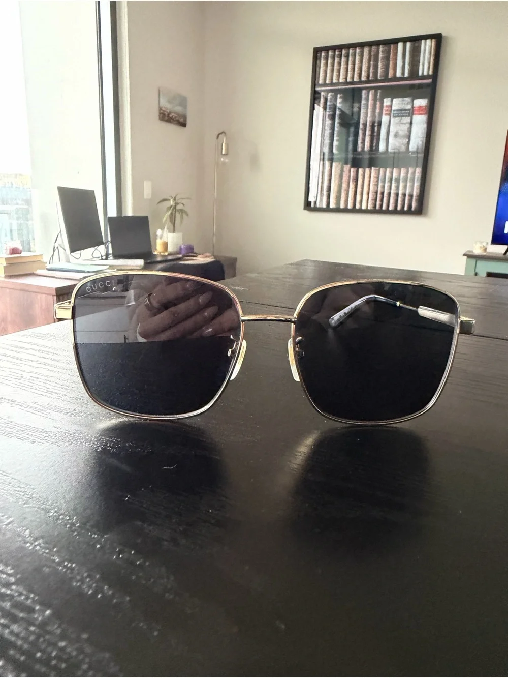 Gucci Gold Frame Black Lens Square Aviator Sunglasses